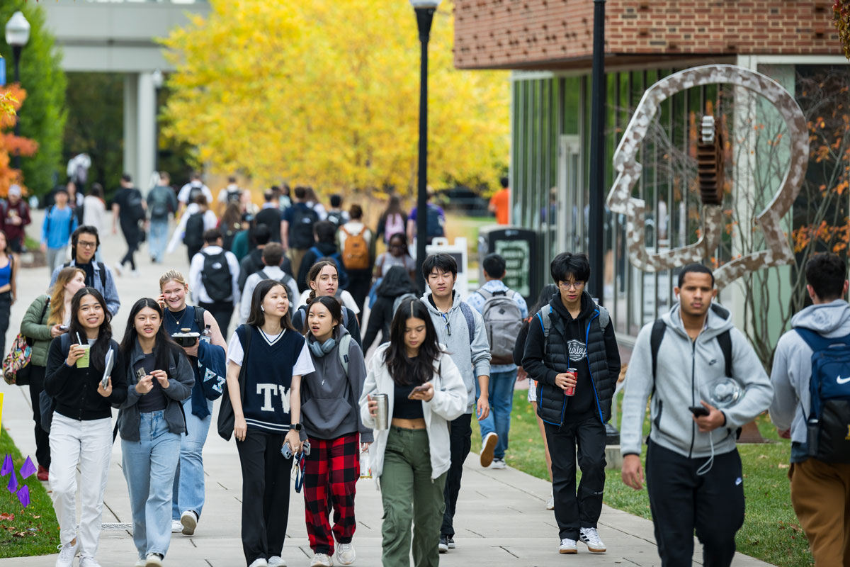 秋天，一群学生走在大学校园里. 黄色、橙色和紫色的树木排列在小路上，砖房在背景中清晰可见.